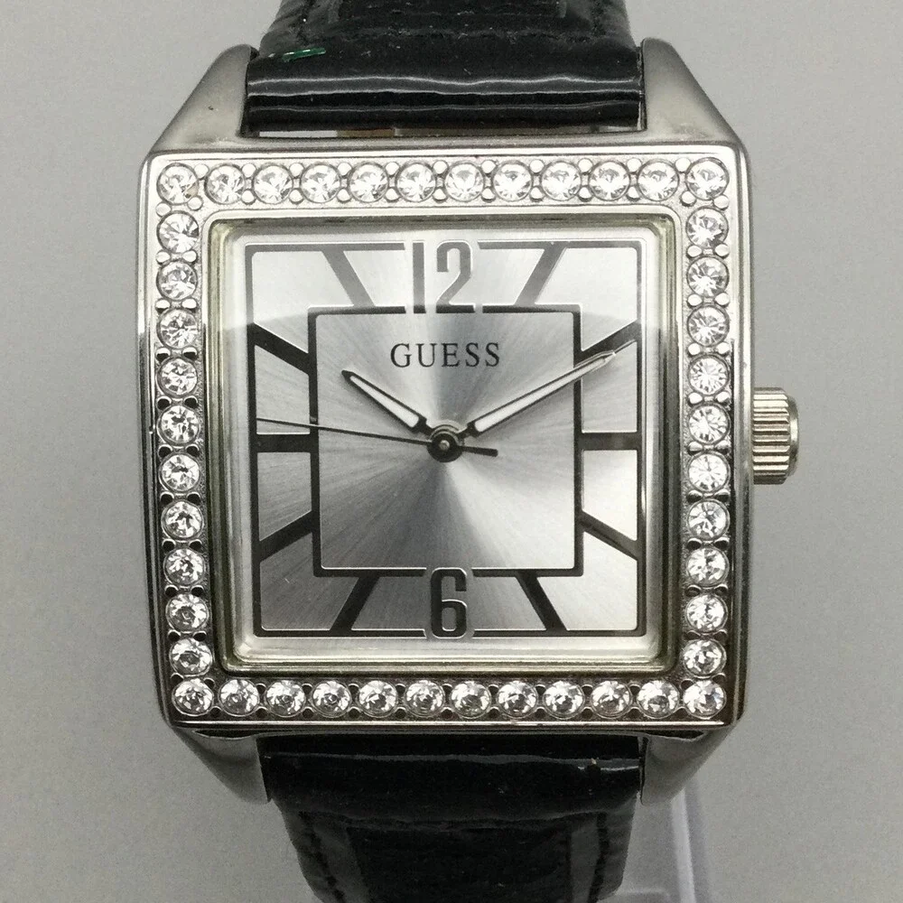 Guess Waterpro Womens Watch 34mm Silver Tone Square Dial Crystals New Battery